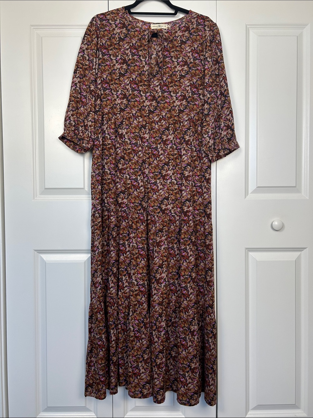 NATURAL LIFE Brown Floral Maxi Dress with Pink and Cream Blossoms Size Medium